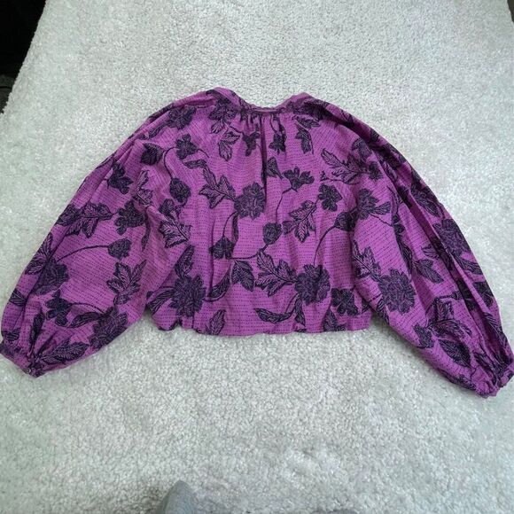 Unsubscribed Tie Front Puff Sleeve Blouse Top Purple - Picture 2 of 6